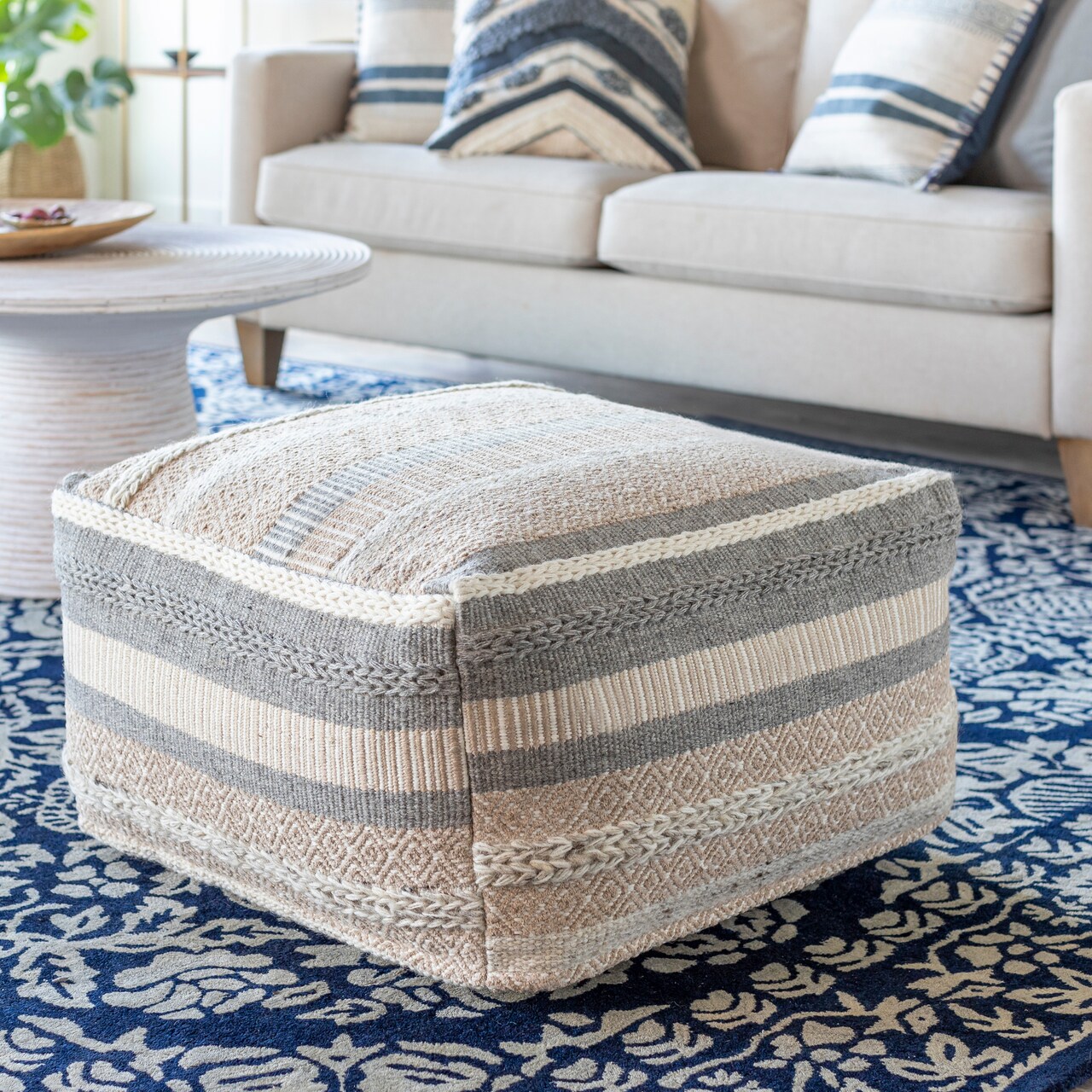 Tiwari Home 24" Ivory and Gray Woven Cube Pouf Ottoman